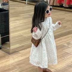 2024春款韓版 女童甜美仙美提花法式長袖白色襯裙 立領公主連衣裙