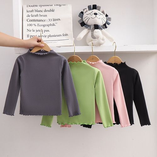 Children's T-shirt wholesale, solid color mushroom edge children's top, base shirt for girls, long-sleeved T-shirt for autumn.