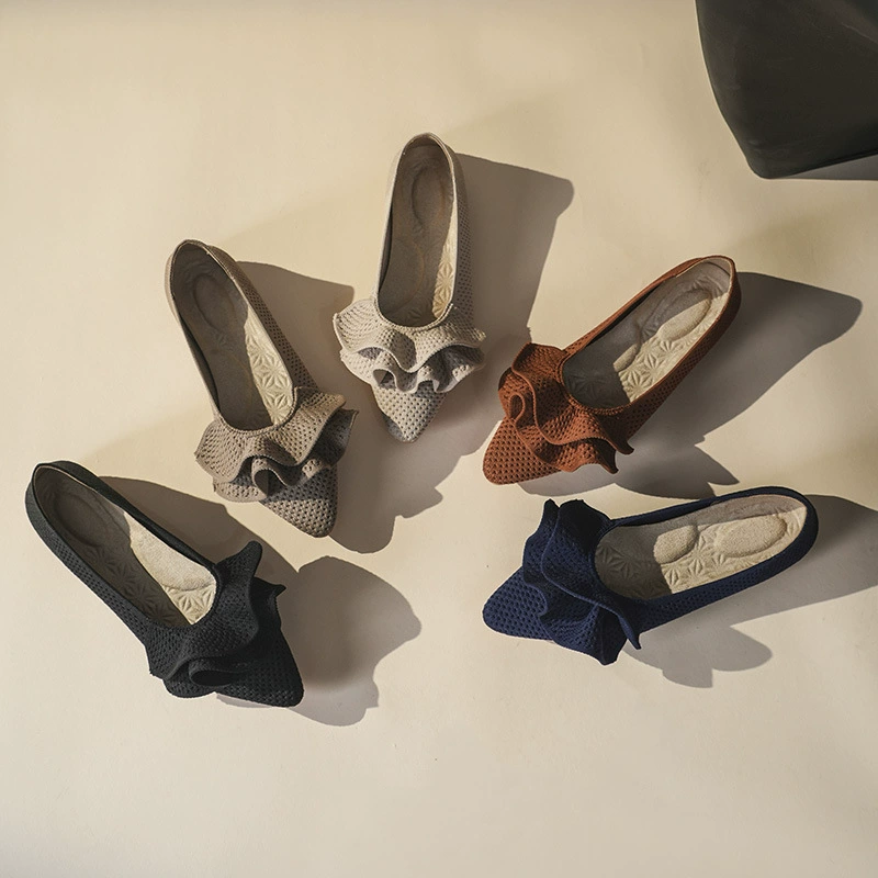 276 новых корейских стильных туфель-бини из тканой ткани с рюшами и рюшами - тонкие/дышащие/амортизирующие/с неглубоким горлышком/однотонные