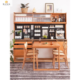Telescopic Solid Wood Sideboard Japanese Cherry Wood High Sideboard Wall-Mounted Integrated Dining Table Small Apartment Tea Storage Cabinet