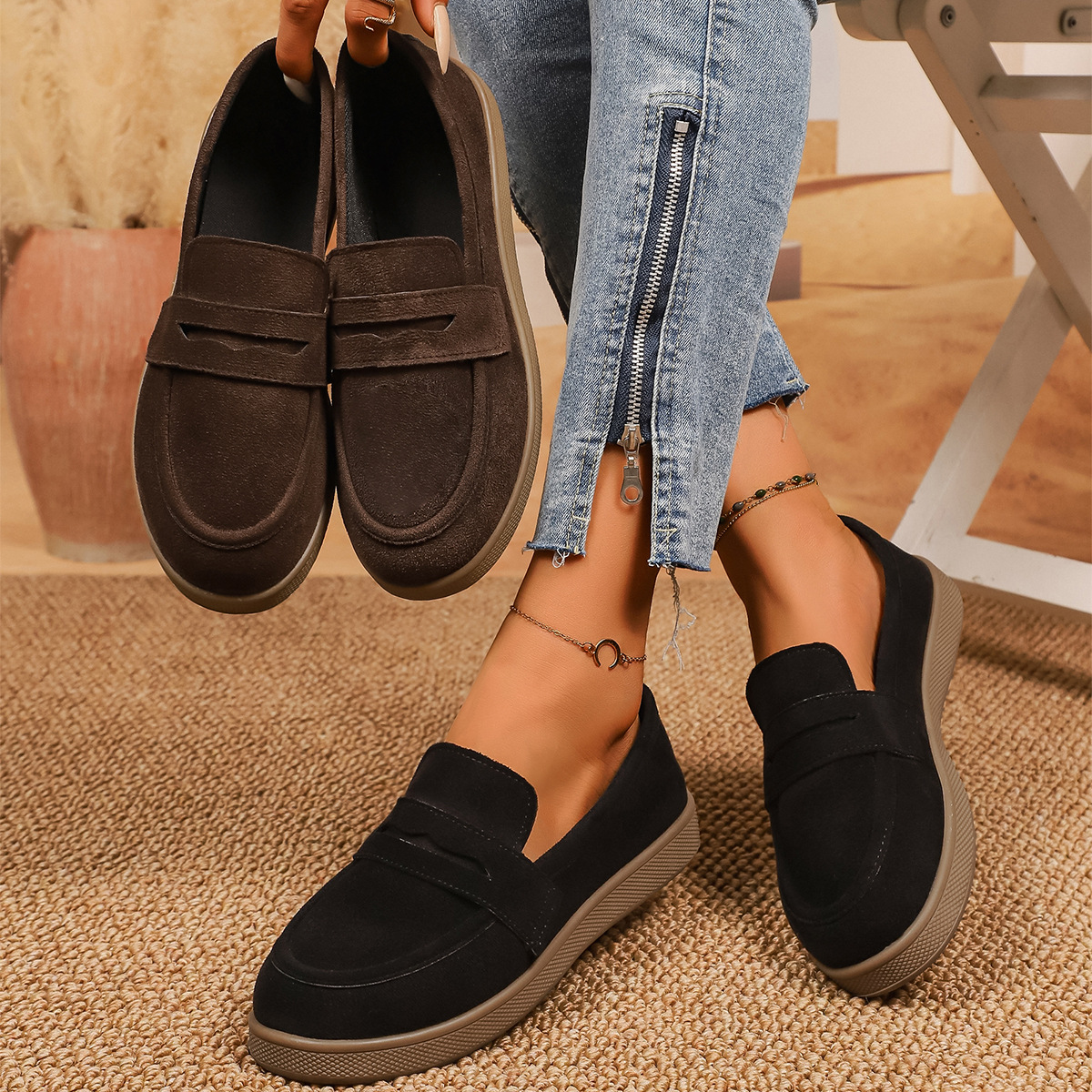 Women's Retro round Toe Thick Sole Slip on Low Top Loafers Spring plus Size Casual Shoes_voghion.com