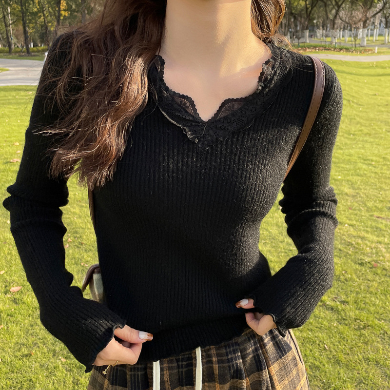 低领蕾丝针织衫设计感内搭毛衣女2025新款春秋冬季V领纯色打底衫|undefined