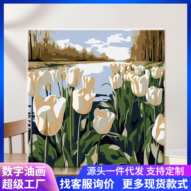 Pintura al Óleo Digital DIY de Paisajes Transfronterizos, Pintura Decorativa Enmarcada Acrílica para Colorear y Rellenar a Mano para Niños, Venta al por Mayor en Existencia