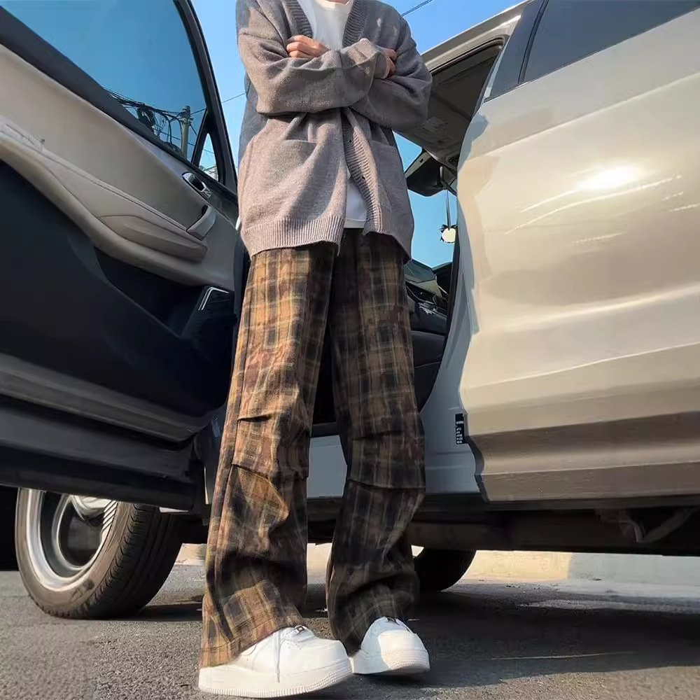 美式复古格子裤子男款春秋季小众格纹设计感休闲裤垂感直筒阔腿裤