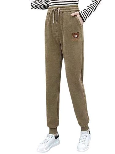 Women's  Autumn/Winter Thicker Fleece Lined High-Waisted Ankle Pants, Slimming Bear Embroidered Corduroy Casual Sports Pants