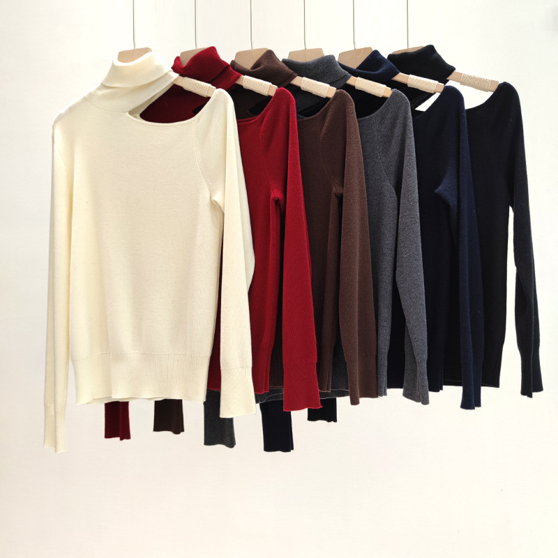 2025秋冬新款露肩高领针织衫长袖套头打底毛衣上衣女装设计感上衣