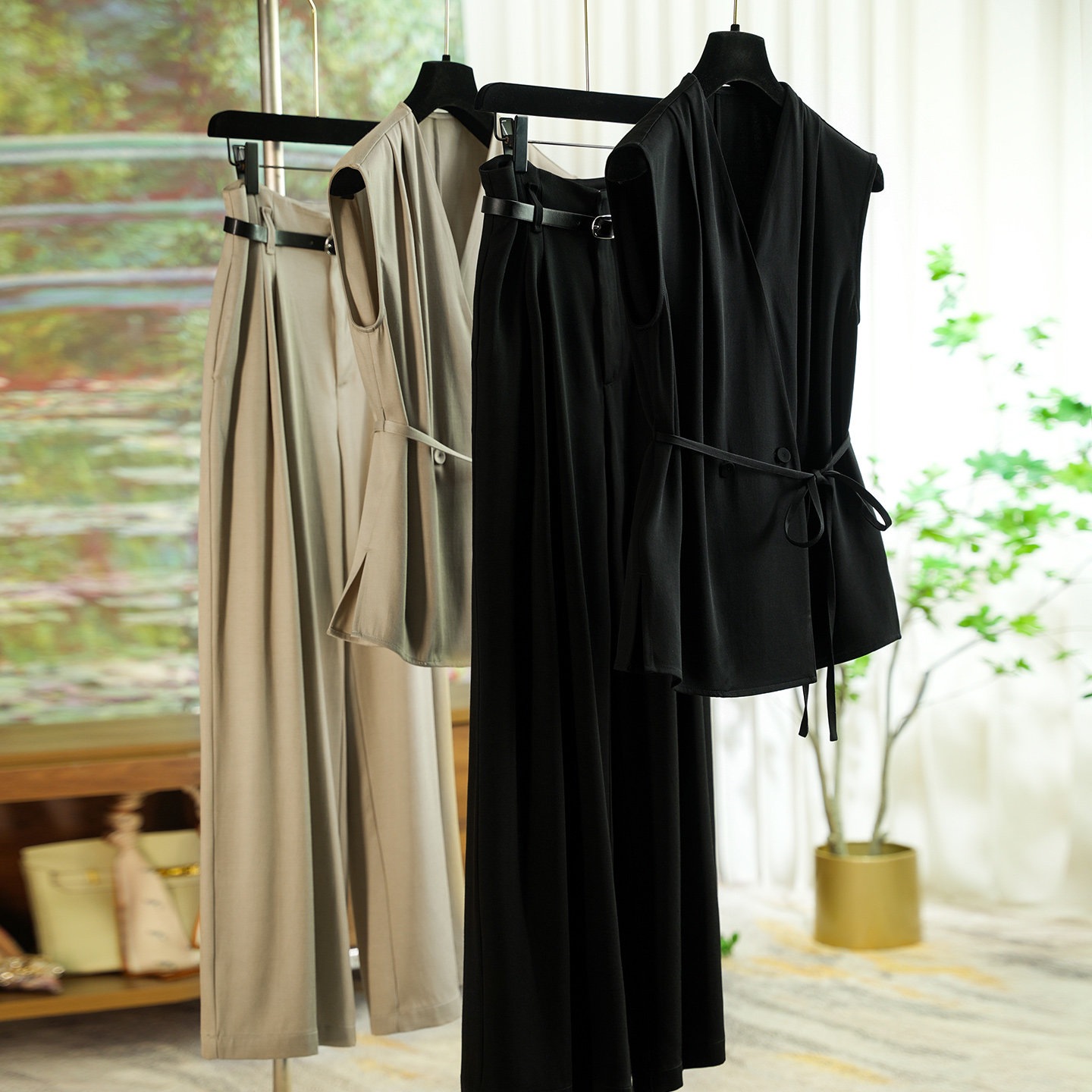 Customer-Supplied Yarn V-Neck Commuter Suit Pants for Women Summer 0403