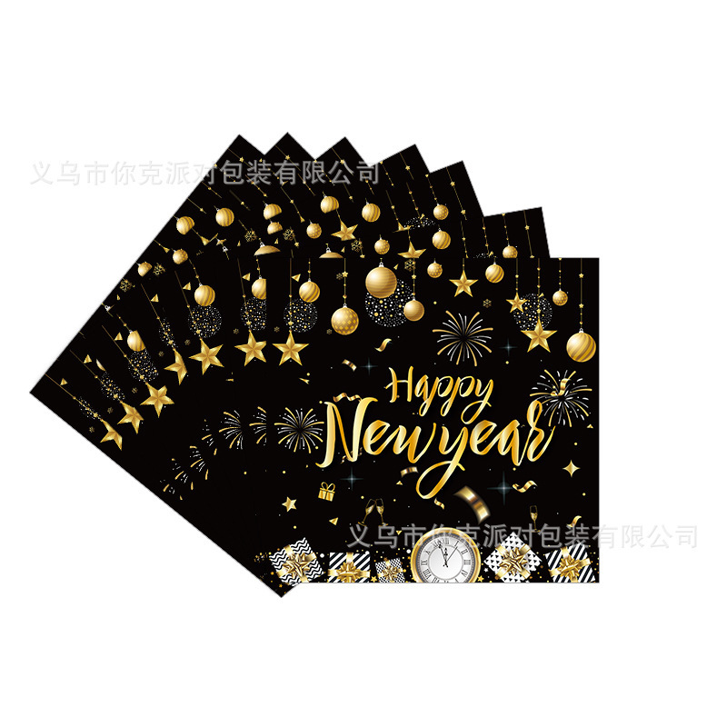 New year黒金新年パーティー紙皿使い捨て紙コップティッシュテーブルクロス祝日食器パーティー皿|undefined