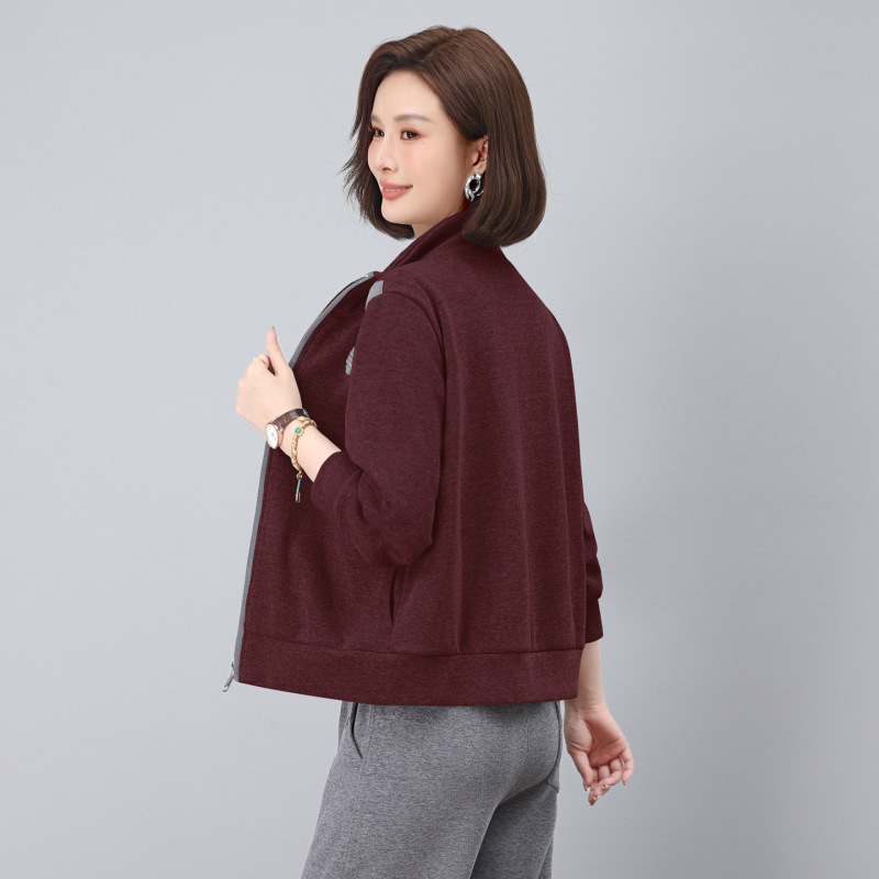 立领撞色卫衣女春秋2025年新款中年妈妈宽松休闲短款拉链开衫外套|undefined