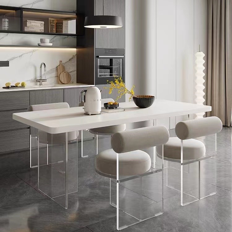 Luz moderna de lujo acrílico suspensión mesa de comedor y silla combinación inferior colgante redondeado blanco mesa de comedor hogar pequeño apartamento Mesa transparente