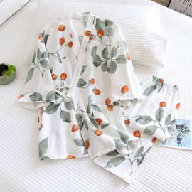 和服七分袖纯棉纱布绉布睡衣女春秋季韩版宽松家居服两件套装冬薄