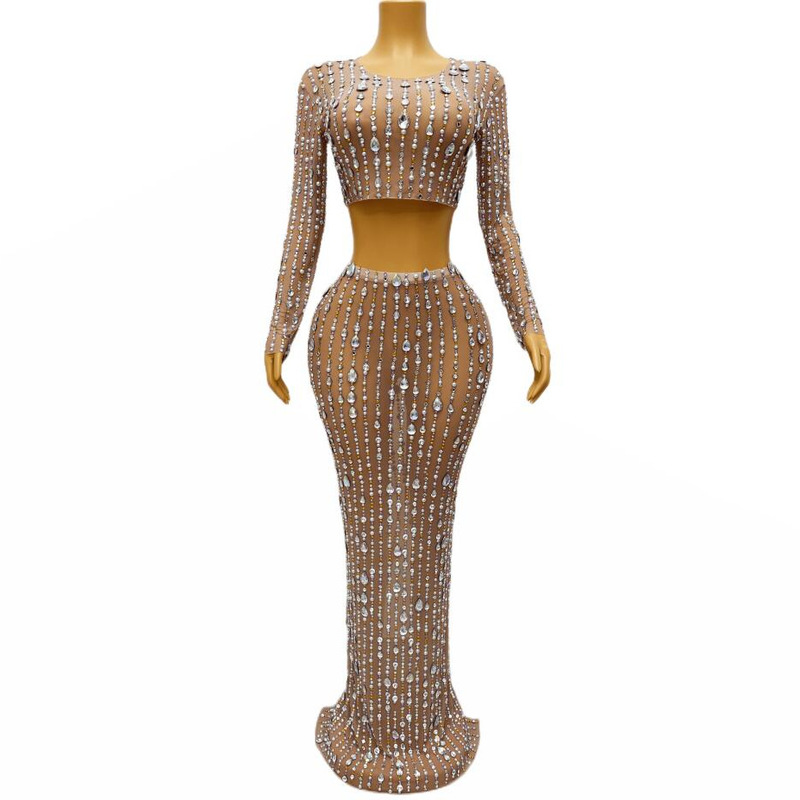 Norvans apricot mesh fabric colored diamond pearl embellished low round neck long sleeve two-piece long dress Norvans apricot mesh fabric colored diamond pearl embellished low round neck long sleeve two-piece long dress