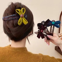 韩版发饰秋冬新款丝绒蝴蝶结发夹甜美半扎发后脑勺盘发头饰发夹子