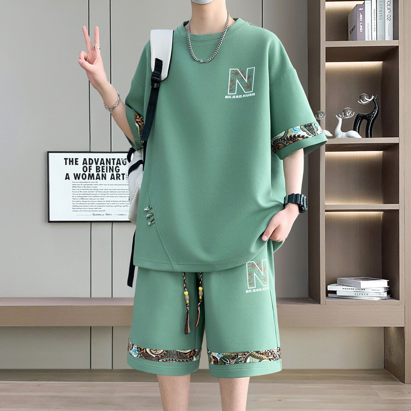 Men's Retro Embroidery Shorts Set - Fashionable Casual Short Sleeve And Shorts Outfit For Teens And Young Adults​_viptrois.com