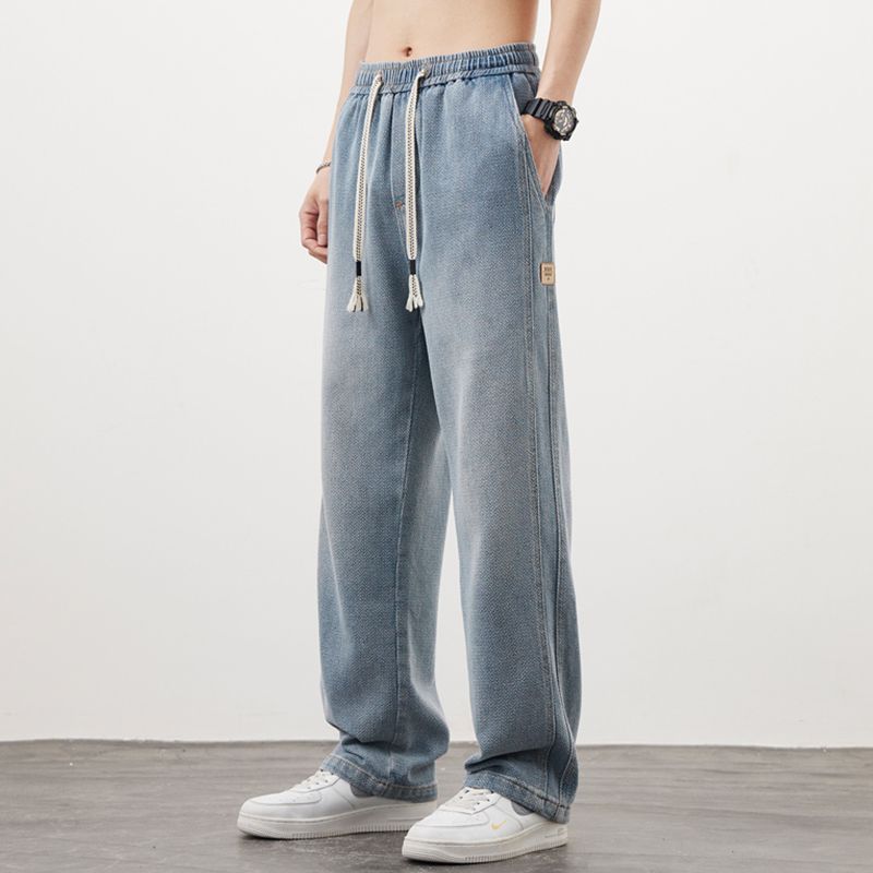 Jeans de verano para hombres 2025 nueva tendencia de primavera callejera alta cintura elástica casual pantalones sueltos retro