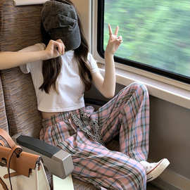 休闲格子格纹抽绳宽松阔腿裤女夏季新款高腰垂感百搭风直筒拖地裤