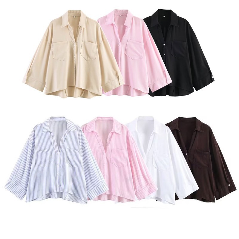 Za Foreign Trade Wholesale European and American Style Women's Clothing, Lazy Style Versatile Loose Drapey V-Neck Long-Sleeve Shirt 2082623