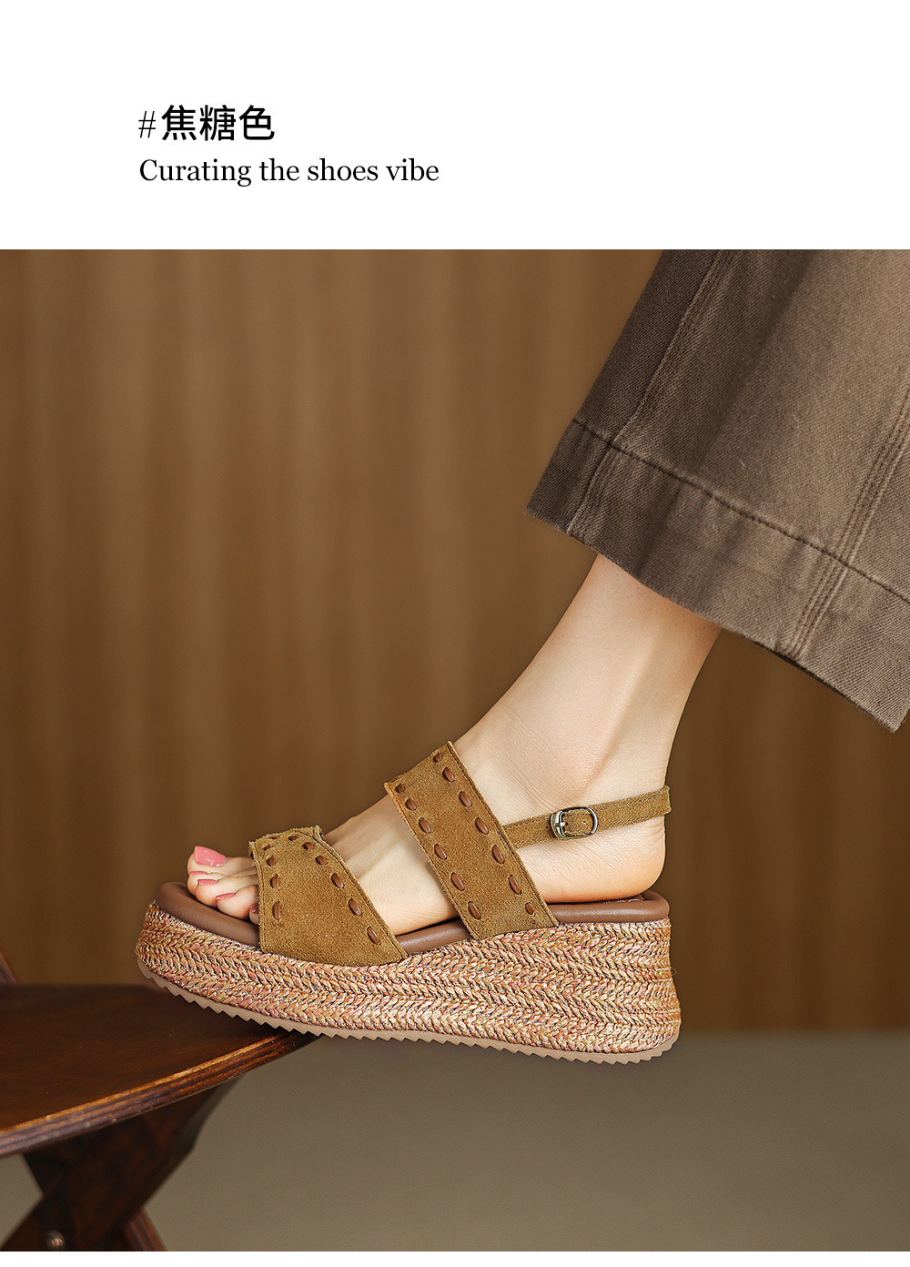 Sandal nữ đế xuồng đan rơm cao gót, quai ngang một dây, phong cách hè thoải mái — Màu caramel, màu vàng chi tiết 9