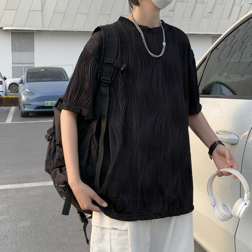 Men's Summer Loose Fit Flowing Ice Silk Striped T-Shirt with 5-Button Sleeve - Trendy Top for Casual Wear and Personal Style