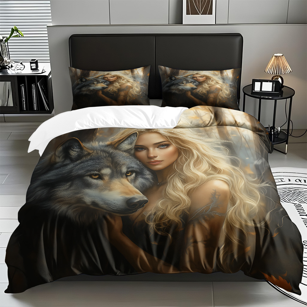 TEMU / JIT adaptado al patrón de lobo impresión digital set edredón molido textil transpirable para dibujar puede hacer