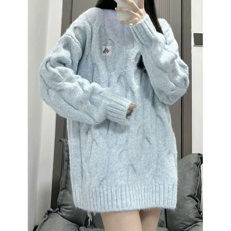 Японский синий демисезонный вязаный свитер с круглым воротником, свободный крой, увеличенная толщина