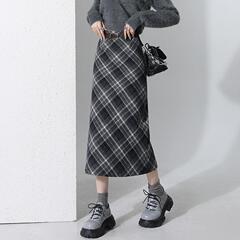 复古格子毛呢半身裙女2025秋冬腰带款后开叉腰A字裙包臀中长裙