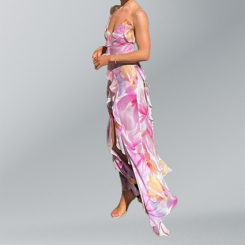 Elegant Floral Maxi Dress – Women’s V-Neck Slit Dress For Vacation & Beach Getaways_ecoleips.com