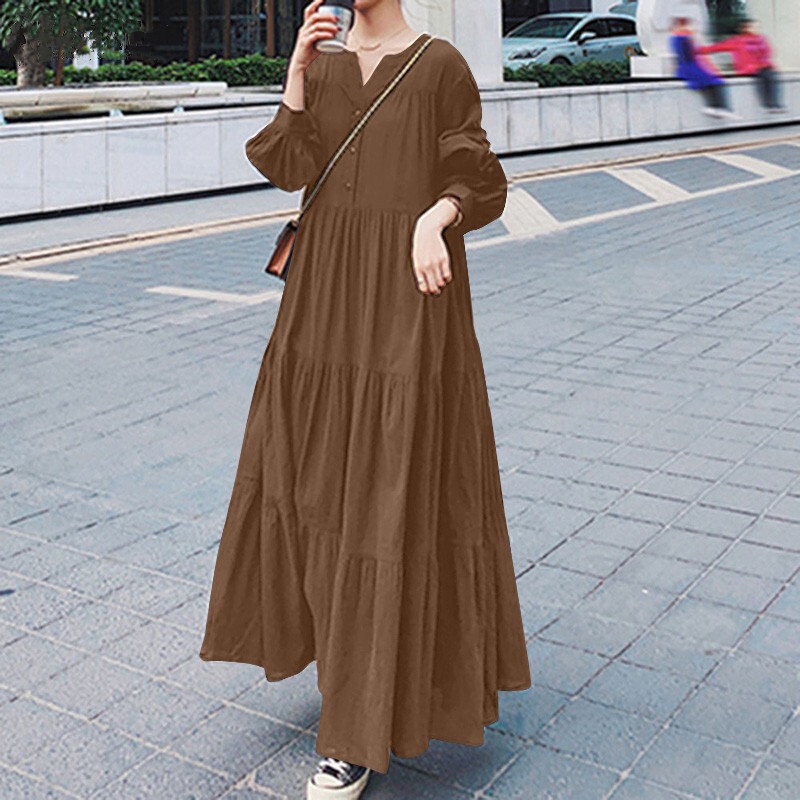 European and American Cross-Border Temu2026 Women's Long Flared Dress, Autumn Long-Sleeve V-Neck Ruffled Short-Sleeve Loose Fit
