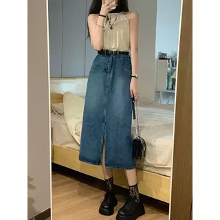 修身显瘦高级感牛仔半身裙前开叉2025收腰藏肉裙遮跨中长裙小众女