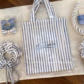 韩国ins新款森系百搭学生帆布包 韩版女蓝色条纹休闲百搭托特包包