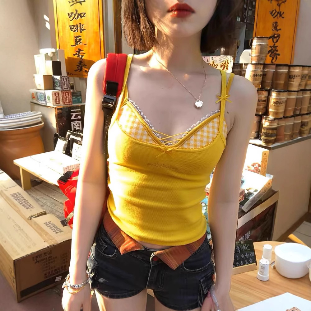 Lace Plaid Camisole False Two-piece Beautiful Back Outer Wearing Inner Wearing Chest Pad Seaside Wearing Yellow Top for Women