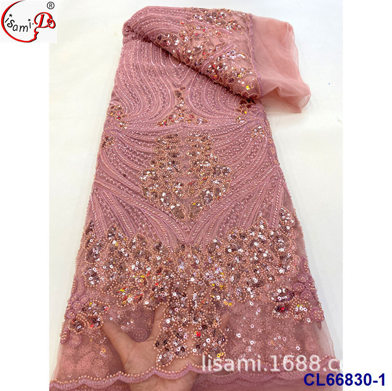 罗马花纹绣亮片花网纱重工串珠面料 bridal sequins lace fabric