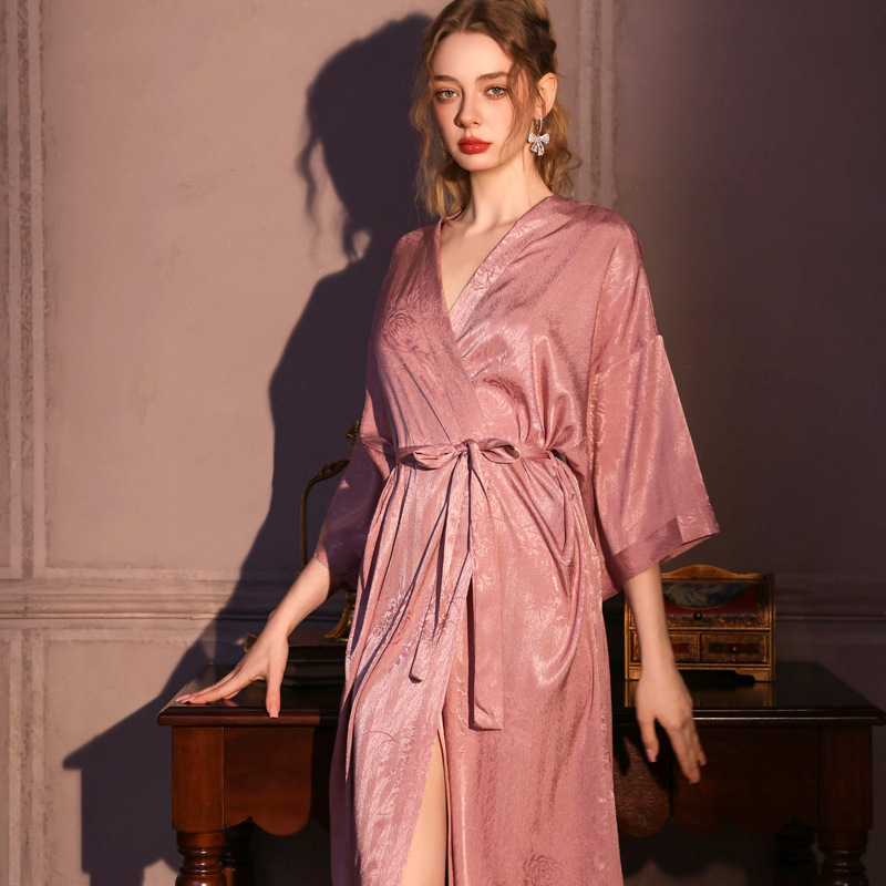 New Sexy Ice Silk Long Robe with a High-End Feel for Women, Three-Quarter Sleeves, Light Luxury Silk Tie Robe, Morning Robe, Loungewear