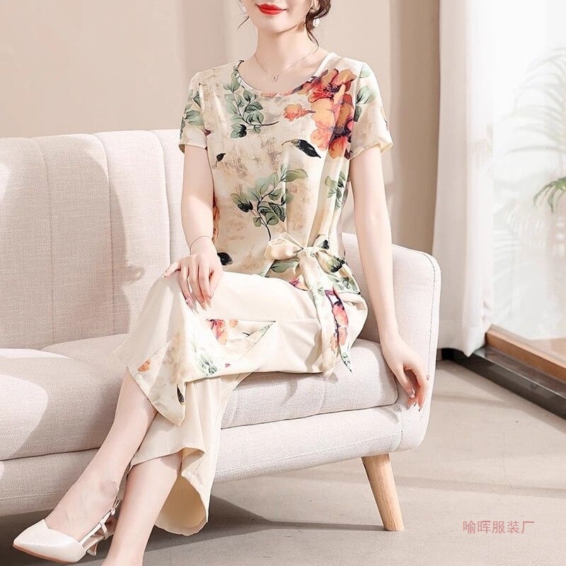 Summer Casual Fashion Suit for Women 2026 Summer Stylish and Age-Reducing Two-Piece Set for Middle-Aged Moms with Floral Chiffon Shirt