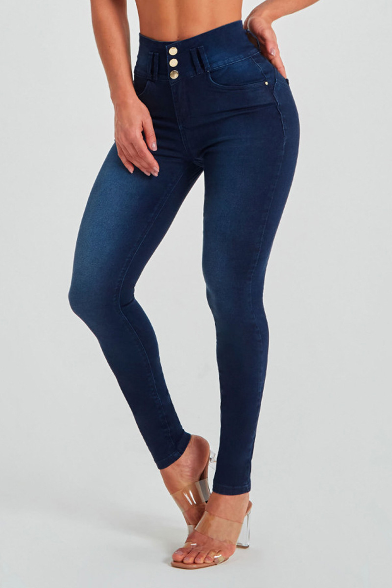 Jeans Ajustados de Cintura Alta para Mujer de Mezclilla de Algodón con Alta Elasticidad