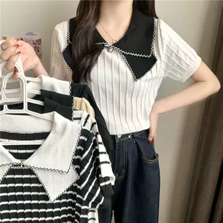 条纹针织T恤短袖女夏季2024新款减龄甜美洋气小衫设计感小众上衣