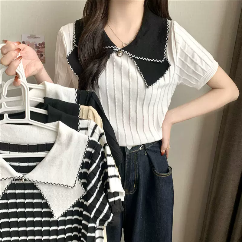 条纹针织T恤短袖女夏季2024新款减龄甜美洋气小衫设计感小众上衣
