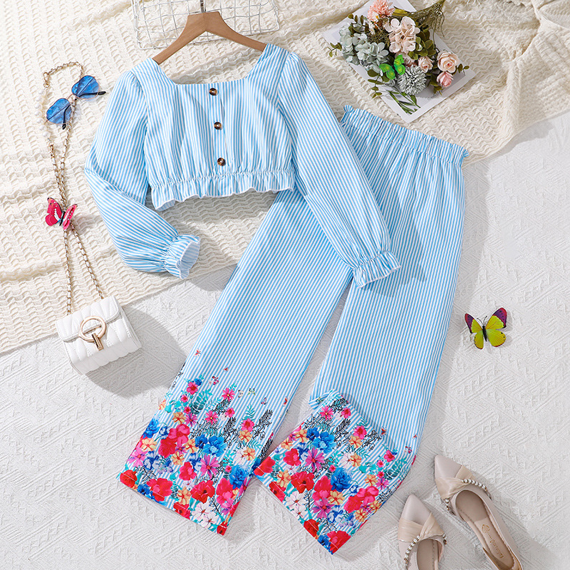 Mädchen Set Mit Gestreiftem Oberteil Und Floraler Hose_voghion.com