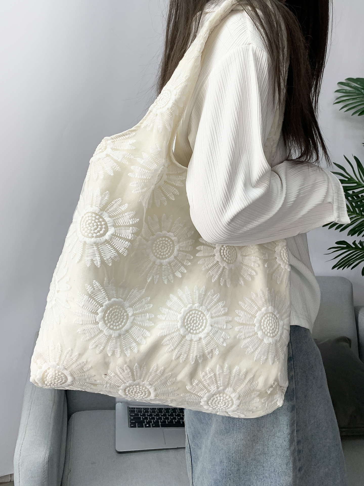 Bolsa de lona bordada bolsa de compras de malla bolsa de verano estudiante artístico clase de viaje Calle tiro bolsa de mano entrega de una pieza