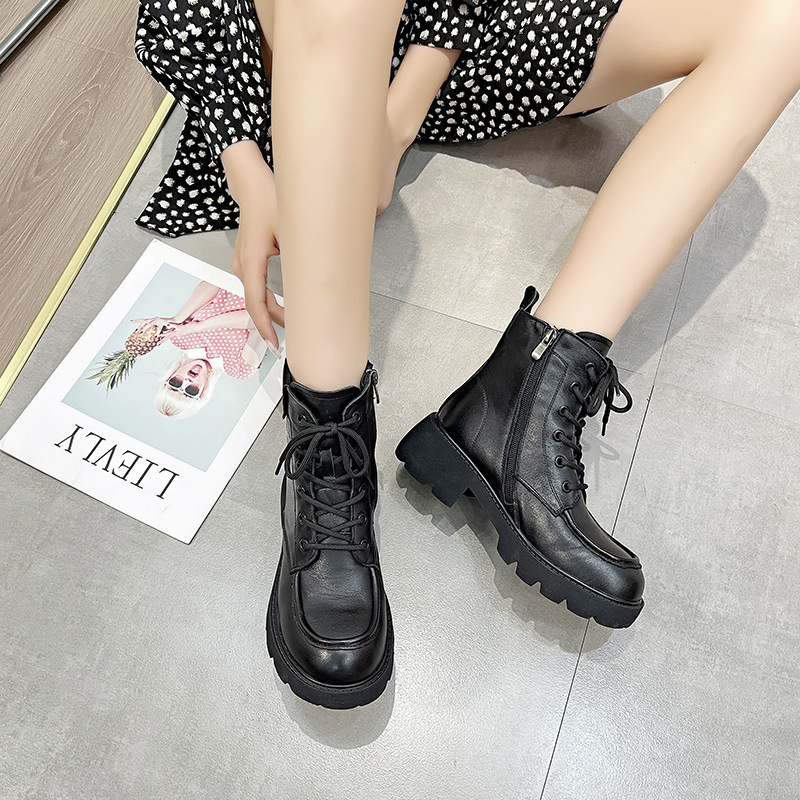 ShoeVault First Layer Cowhide Martin Boots For Women, Autumn And Winter Vintage British Style Casual Short Round Toe Mid-Calf_vogvips.com