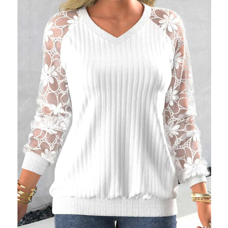 Women's Clothing 2024 autumn and winter new solid color lace transparent long sleeved sweater_voghion.com