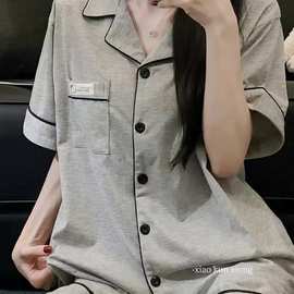 韩国ins纯色睡衣新款夏季纯棉短袖短裤简约翻领灰色家居服套装
