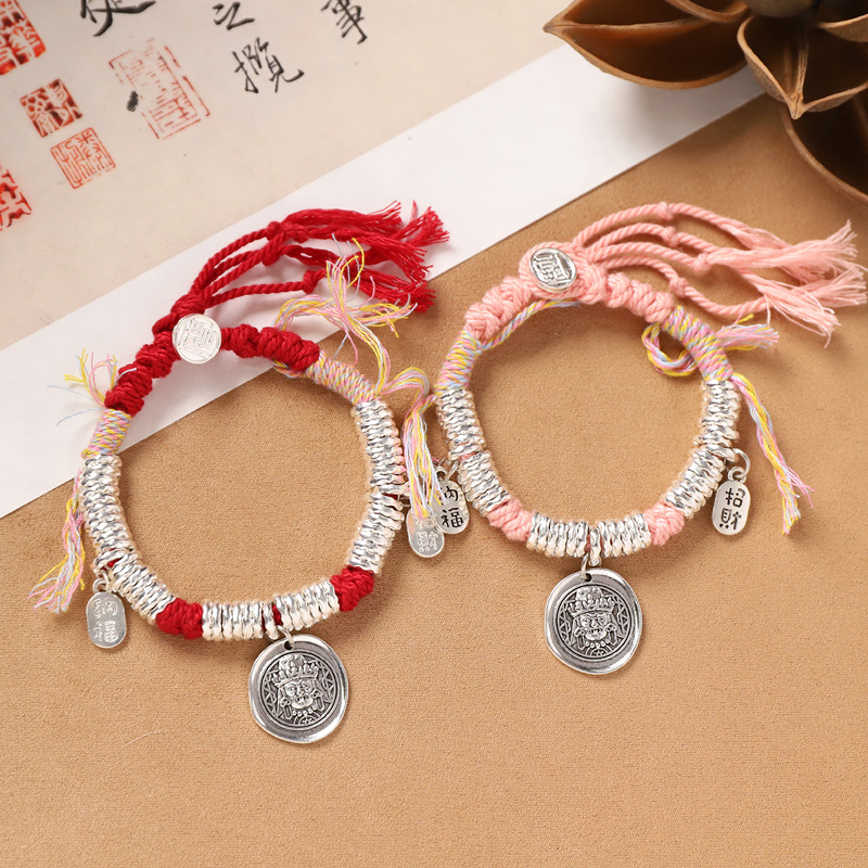 tibetan zachilam hammered silver wrapped bracelet woven red hand strap retro new chinese ethnic style men‘s and women‘s bracelets