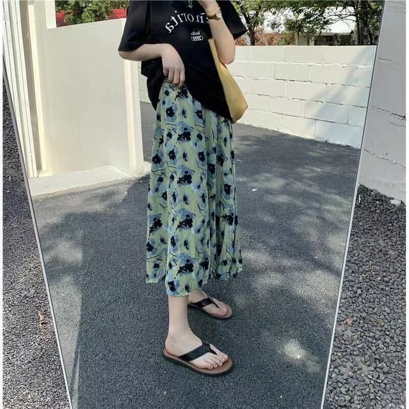 Plus Size Retro Printed Skirt Women's Summer Chiffon Mid-Length A-Line Skirt Fat mm High Waist Slim Floral Long Skirt