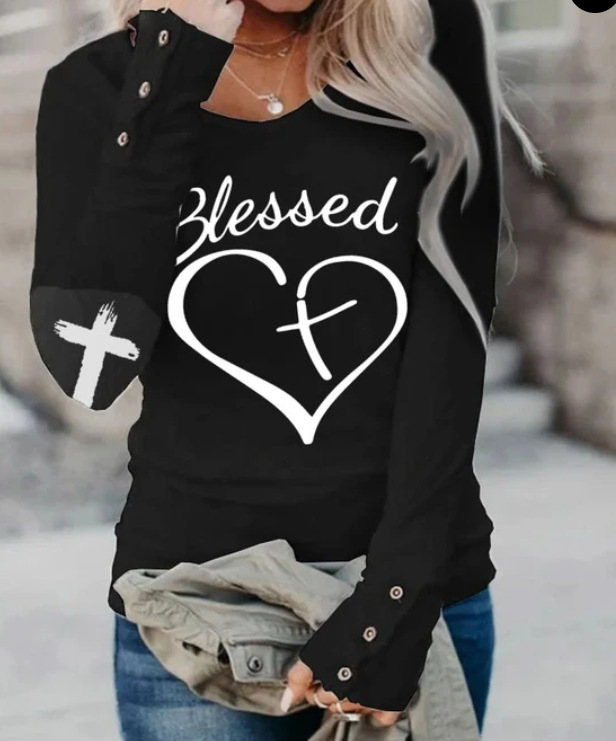 T-shirt Tops Type Daily Occasion Round Neck Neckline Wholesale Women's Casual Cross Letter Heart Shape Long Sleeve Printing T-Shirts