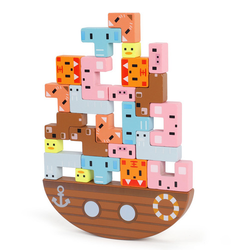 Wooden stacking high educational toy animal balance stacking high building block game balance boat children's educational toy