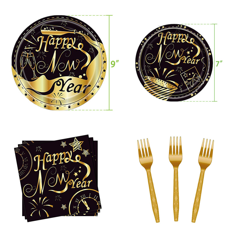 Cross-border New Year Black Gold New Year Theme Party Supplies Decoration Disposable Paper Tray Paper Cup Paper Towel Fork Tableware suit Cross-border New Year Black Gold New Year Theme Party Supplies Decoration Disposable Paper Tray Paper Cup Paper Towel Fork Tableware suit