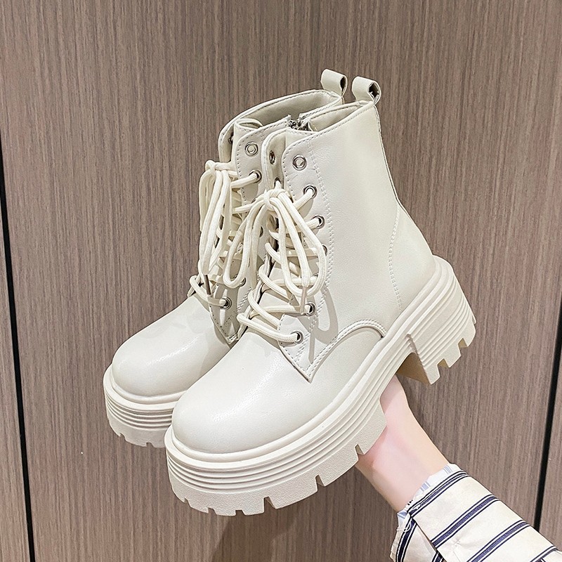 Thick-Soled Thick-Heeled Boots for Women 2025 Spring & Fall New Style Platform Thick-Soled Height-Increasing Versatile Fleece-Lined Short Boots for Small People