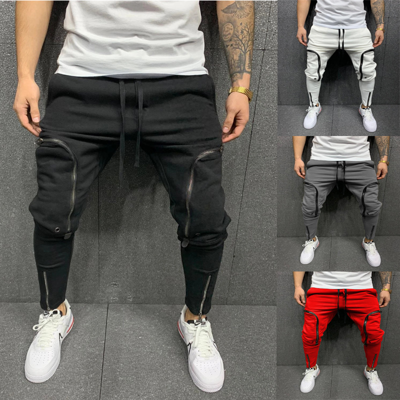 2023 foreign trade new men's trousers solid color zipper pocket slim casual pants sports trousers jogging pants K168