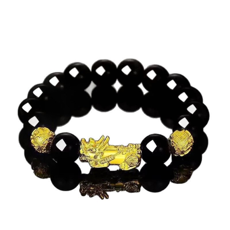 Bracciale pixiu in ossidiana nera con perline buddha oro_voghion.com